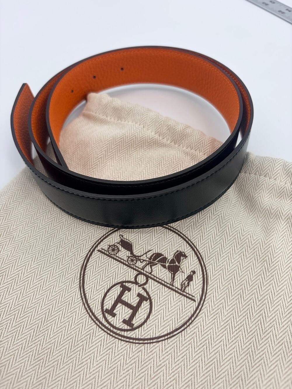 Hermès 32mm Reversible Belt Strap Size 90 Orange Black w/Dust Bag NO BUCKLE